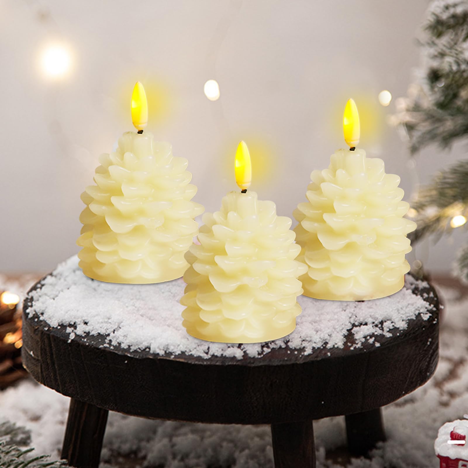 Skeadex 3pcs LED Flameless Candles - Pine Cone LED Tealight Candles for Christmas, Weddings & Parties (Beige-6 * 10cm)