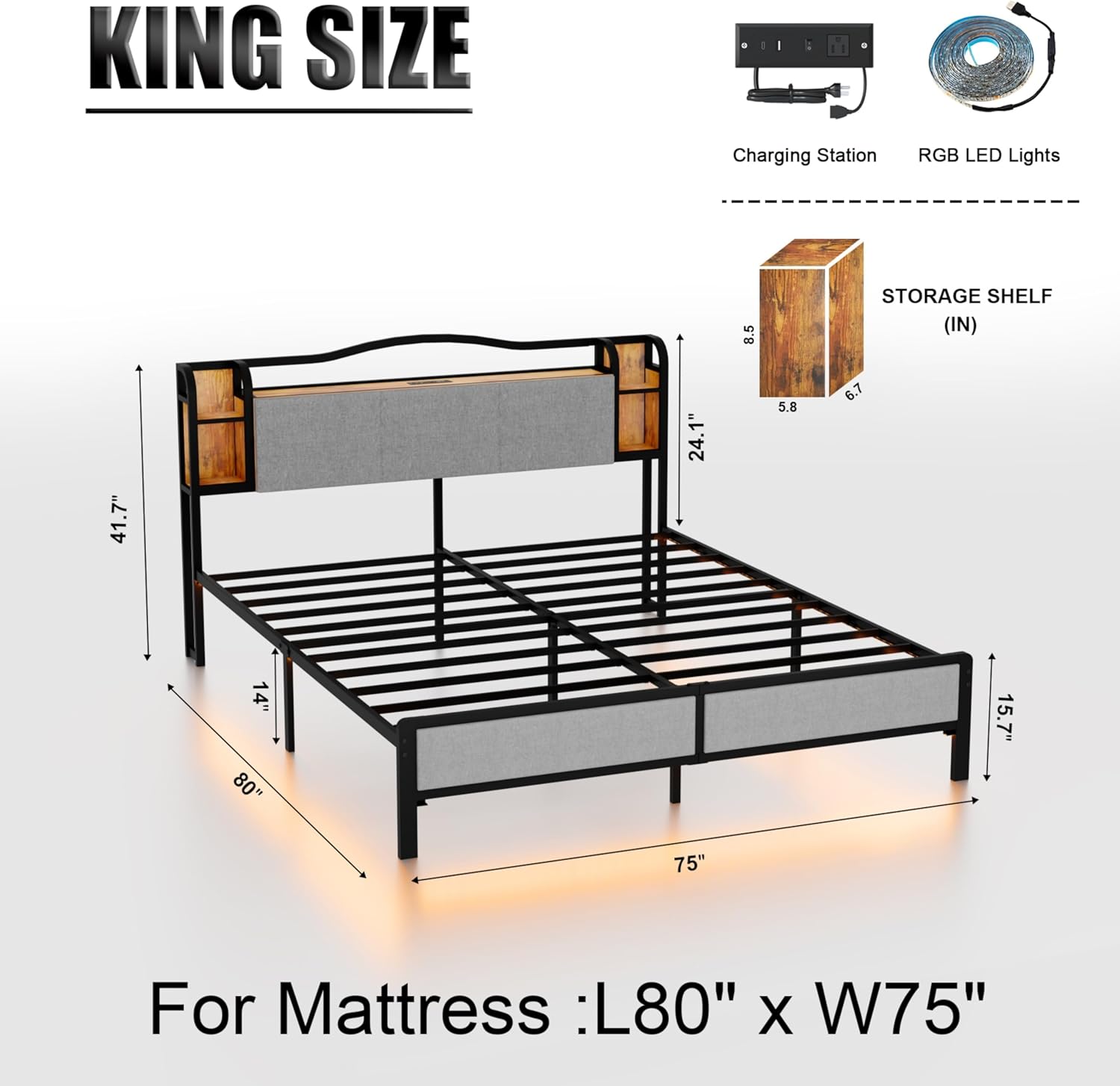 UOMEUR King Size Bed Frame with Fabric Upholstered Headboard and USB Socket Fully Upholstered Mattress Foundation/No Box Spring Needed/Easy Assembly
