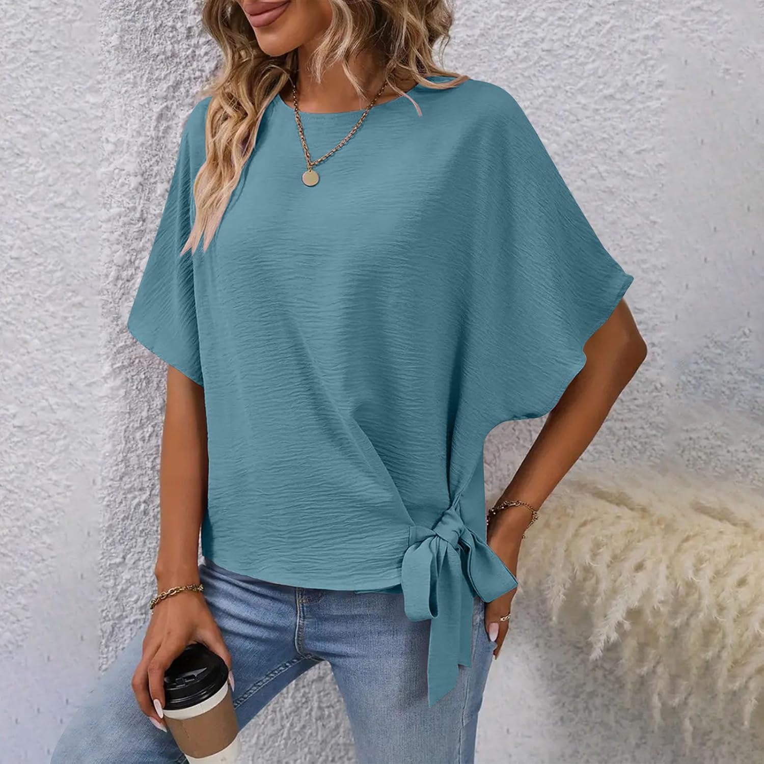 Women's Fashion Batwing Sleeve Shirts Round Neck Tie Knot Side Blouse Oversized Textured Tops Solid Color Tee Tunics - Image 2
