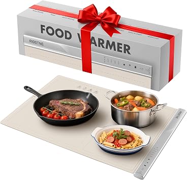 Food Warming Mat, Electric Food Warming Tray with 4 Adjustable Temperature, 3 Timer, Full Surface Heating Child Lock, Food Grade Silicone Food Warmer for Parties Buffet Countertop Home Travel Beige