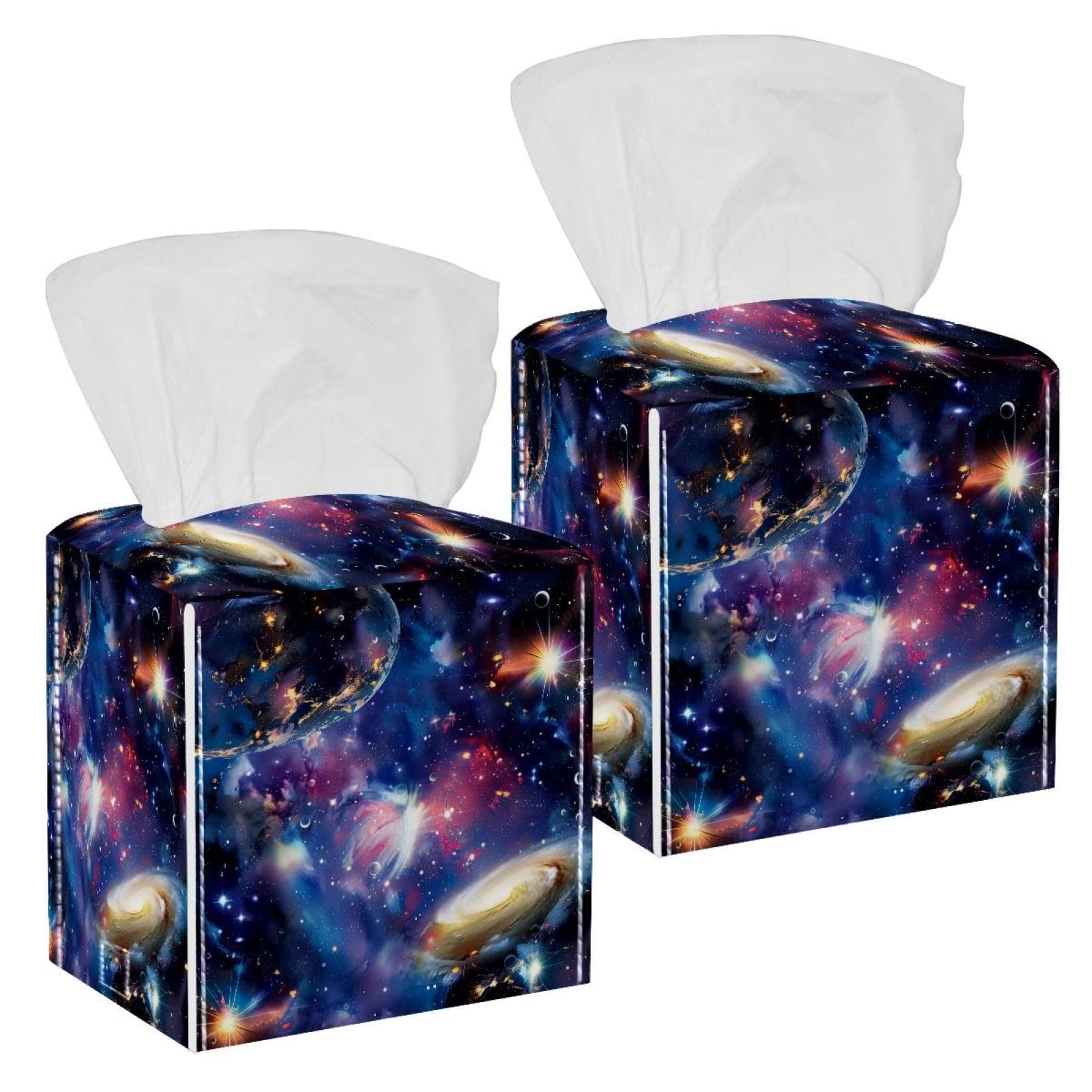Space Galaxy Tissue Box Cover, 2 Pack PU Leather Square Facial Tissue Dispenser Box holder for Home Office Car