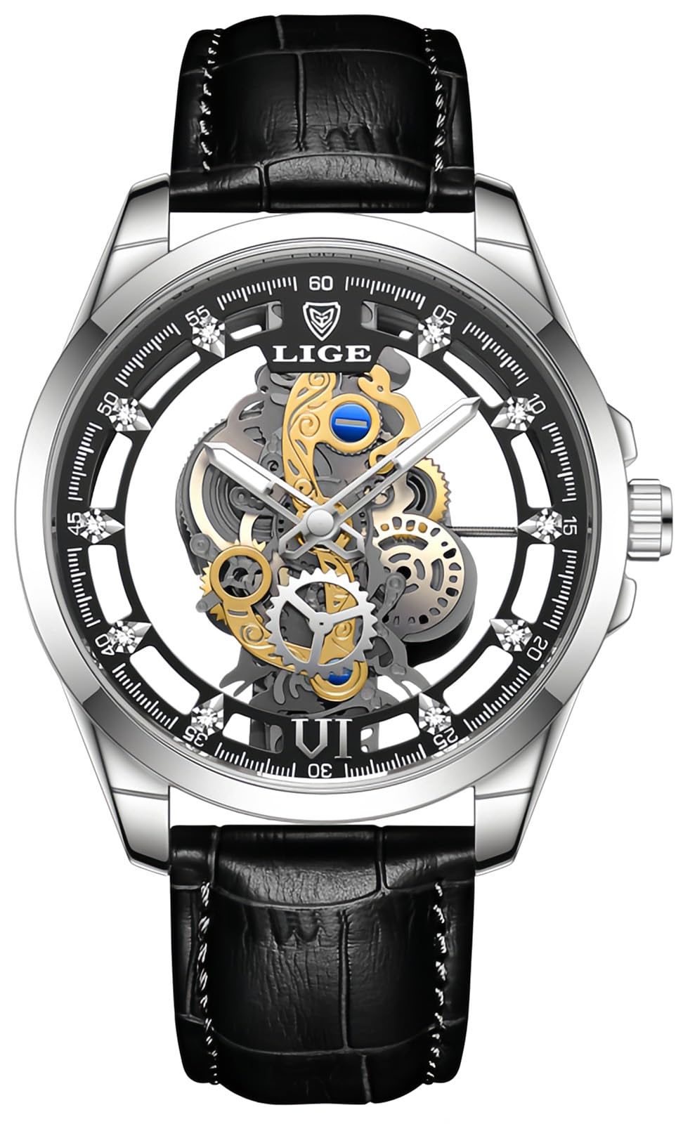 MASTOP Orologio da uomo al quarzo trasparente con diamanti, in acciaio inox, impermeabile, con scheletro, orologi al quarzo da uomo