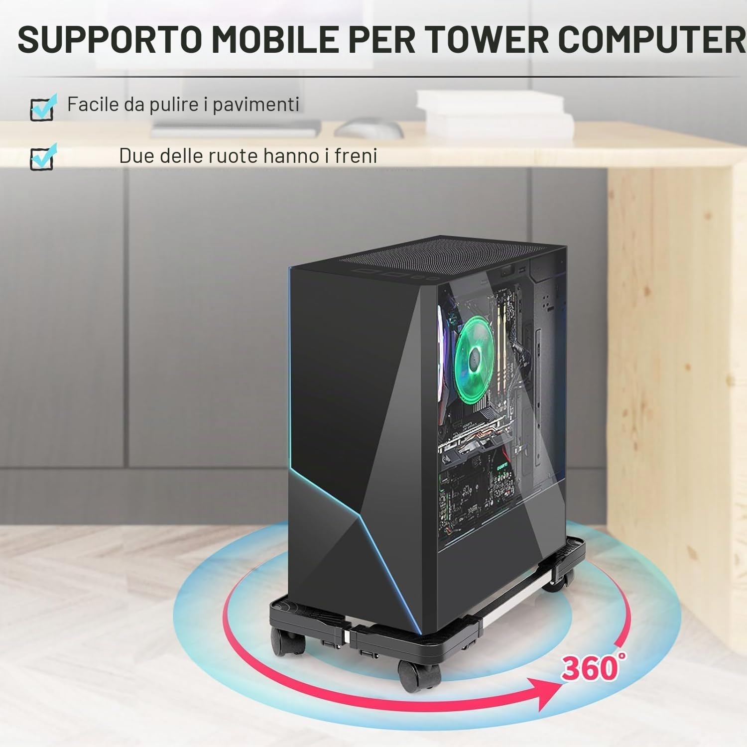 Supporto PC Fisso, Mobile CPU Holder Cart, Regolabile Carrello Porta PC con Ruote, Carrello Porta Computer Tower, per Tower Desktop Sotto Scrivania(Nero)
