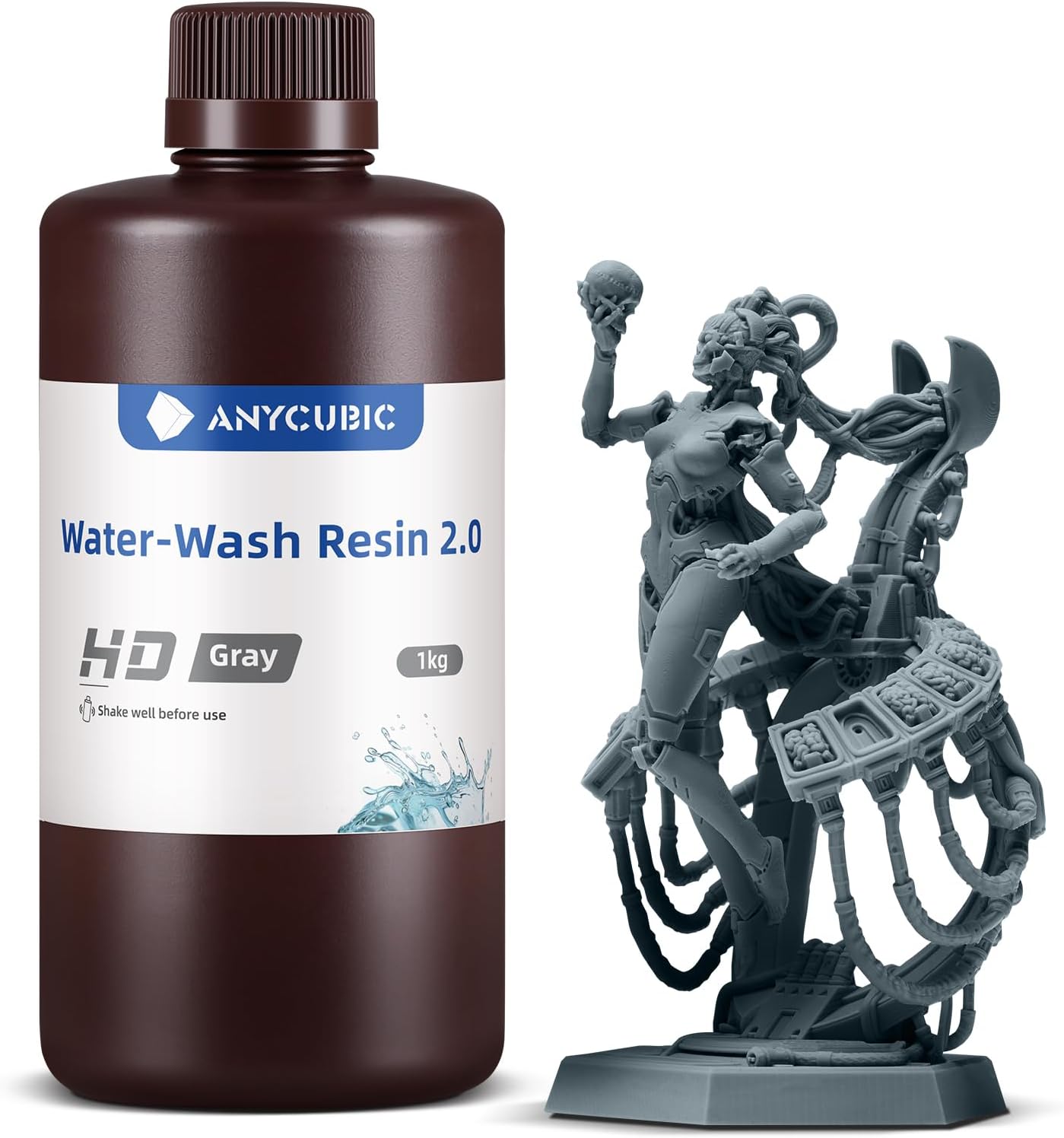 ANYCUBIC Water Washable 3D Printer Resin 2.0, 405nm High Precision 3D Resin, Low Shrinkage Photopolymer Resin for 4K/8K/12K Capable LCD DLP Resin 3D Printer Printing (HD Grey, 1000g)