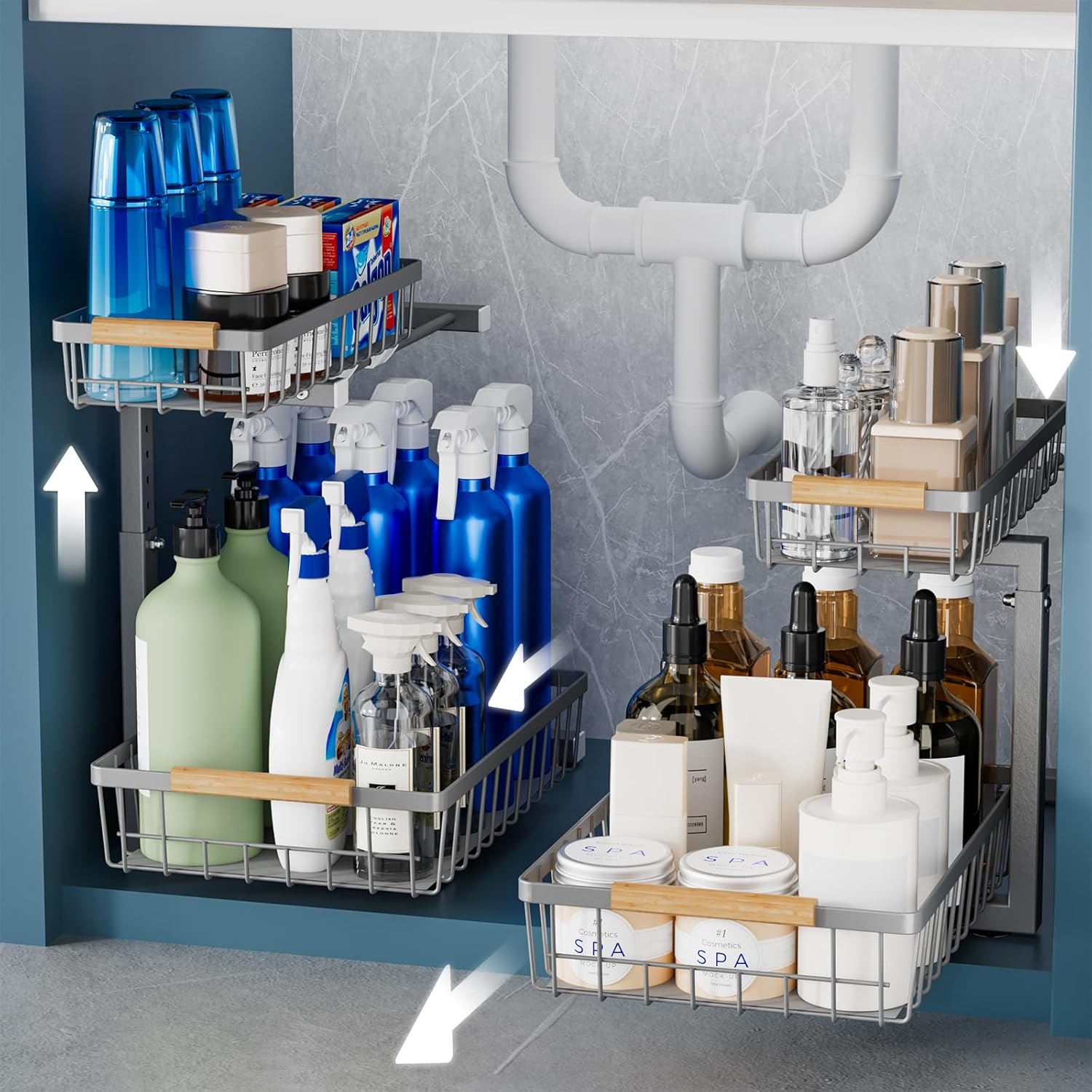 Under Sink Organizers and Storage, 2 Pack Under Kitchen Bathroom Cabinet Organizer, 2 tier pull out cabinet organizer, Adjustable Height Kitchen Cabinet Organizers and Storage, Gray
