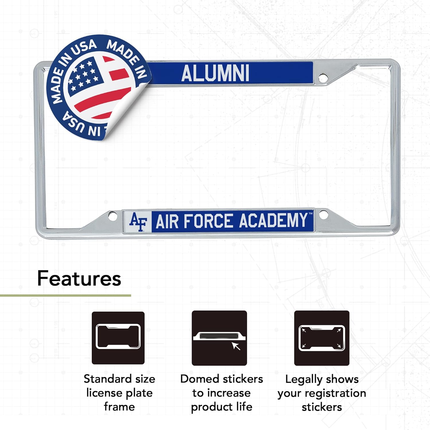 Desert Cactus United States Air Force Academy Car Accessories Metal License Plate Frame and Sticker for Front or Rear of Car (Sticker Frame Combo - Alumni)