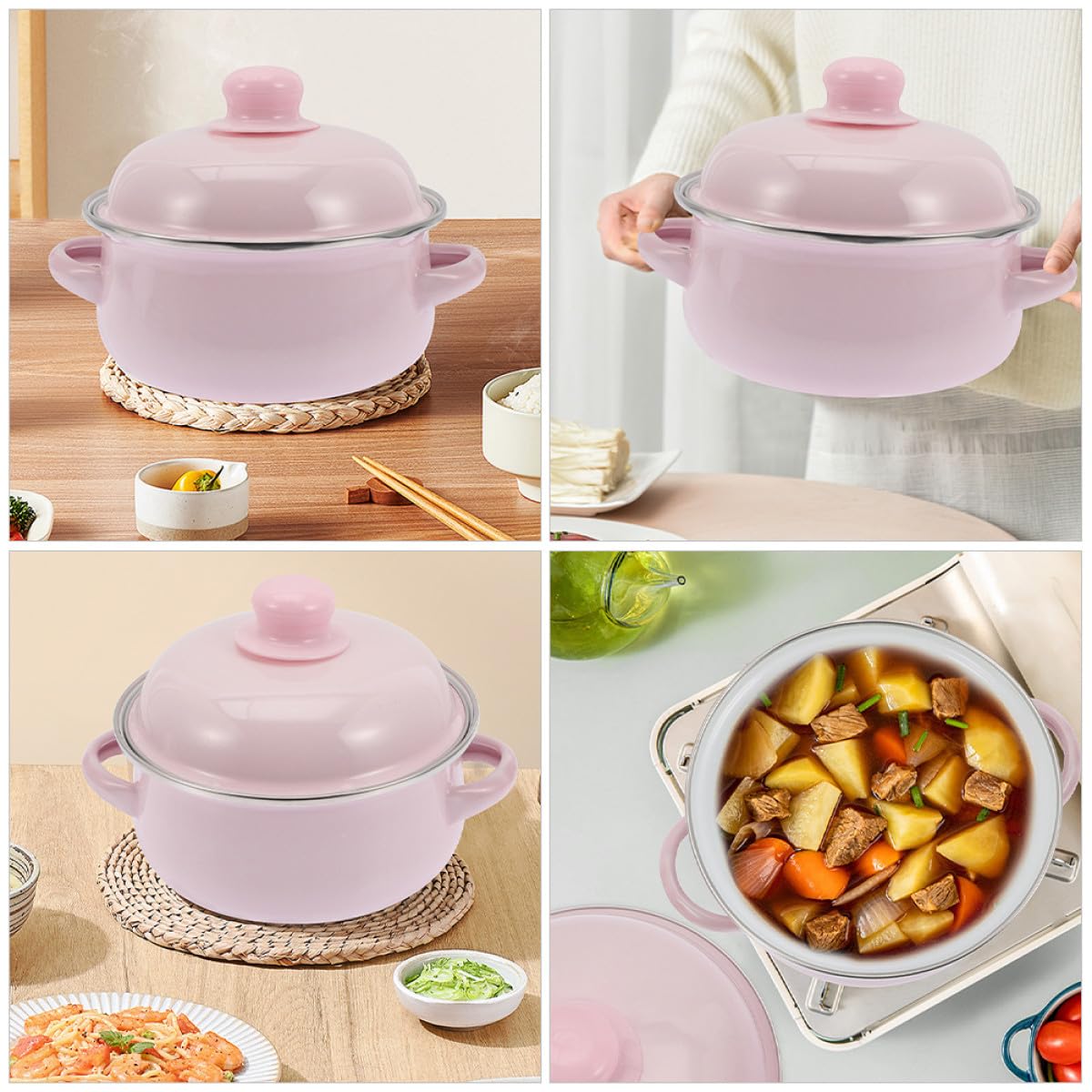 VICASKY Marmite en Émail Épais 1,7l avec Double Poignée 18 Cm Rose Casserole Rétro Antiadhésive pour Ragoûts et Soupes, Ustensile la Cuisine Vintage pour Cuisson Gaz et Électrique
