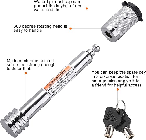 Miniatura 3 de CZC AUTO Cerradura de Enganche de Remolque 58" Diá., Pasador de Enganche con Cerradura 4" Súper Extra Largo Recubierto de Cromo con Llaves para