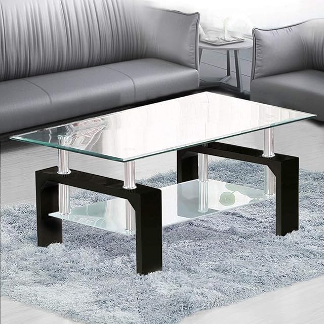 TUKAILAi Rectangle Clear Glass Coffee Table Modern Side Table with Lower Shelf Chrome and MDF Support Living room Guest Reception Room Table Black