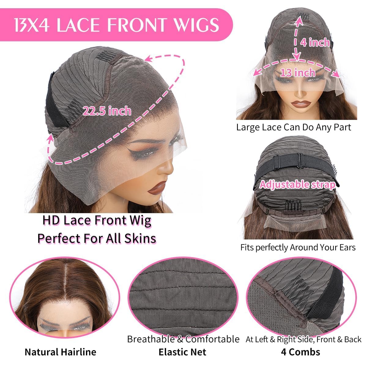 13x4 Chocolate Brown Lace Front Wig Human Hair, 30 Inch Body Wave Lace Front Wigs Human Hair 250 Density Colored #4 Light Brown Pre Plucked for Women