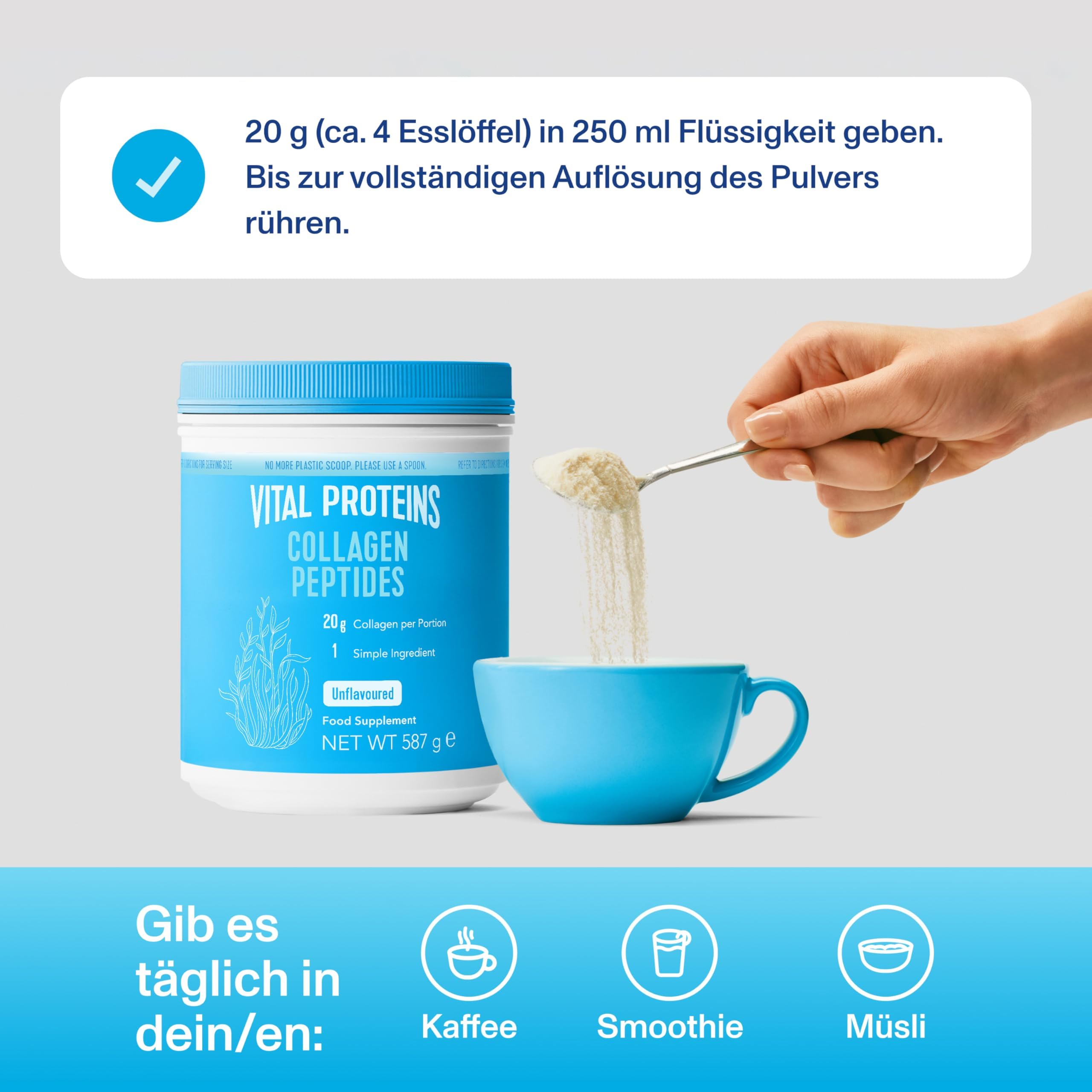 Vital Proteins Collagen Peptides 587g-Reine Kollagen pulver | Reine Kollagen-Peptide Typ I & III, hydrolysiert und geschmacksneutral