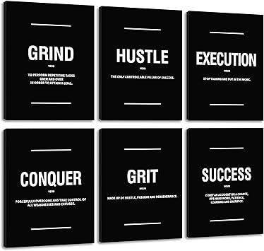 COSCTOR Set of 6 Motivational Wall Art Picture Decor Grind Hustle Execution Grit Conquer Success Canvas Framed for Office Bedroom Inspirational Workplace Posters Black and White Paintings Ready to HangFramed,9x12