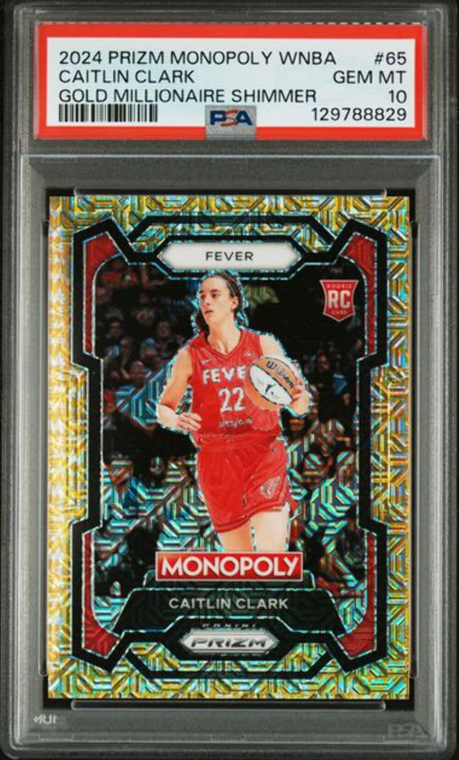 Graded 2024 Panini Prizm Monopoly WNBA Caitlin Clark #65/500 Gold Millionaire Shimmer Rookie RC Basketball Card PSA 10 Gem Mint