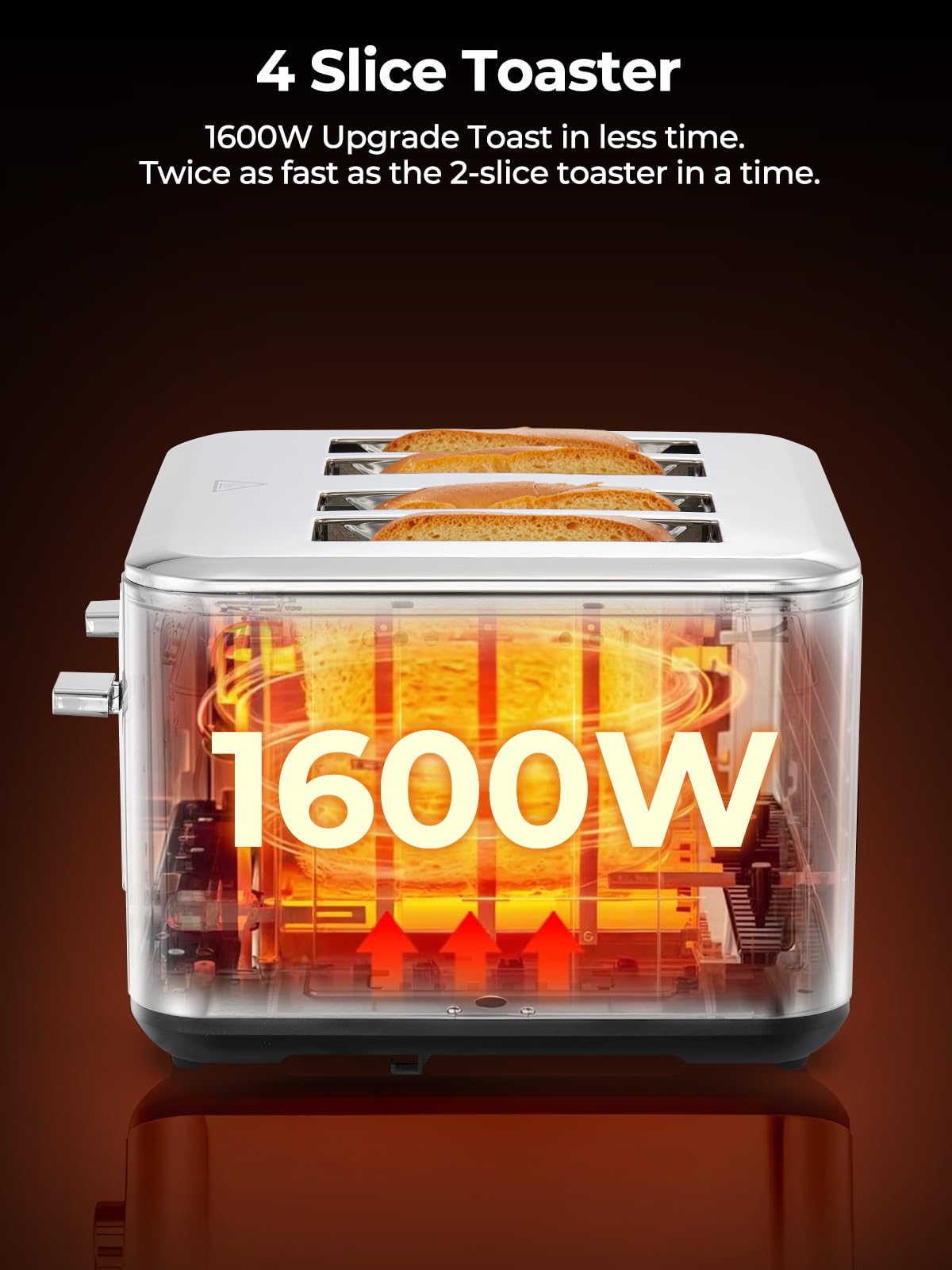 Toaster 4 Scheiben, 1600W Intelligente Edelstahl Toaster, 6 Farbeinstellungen, Voll Touchscreen Bedienung, Extra breiter 1.57 Zoll Schlitz, mit Digitaler Zeitschaltuhr, Krümelschublade, Silber