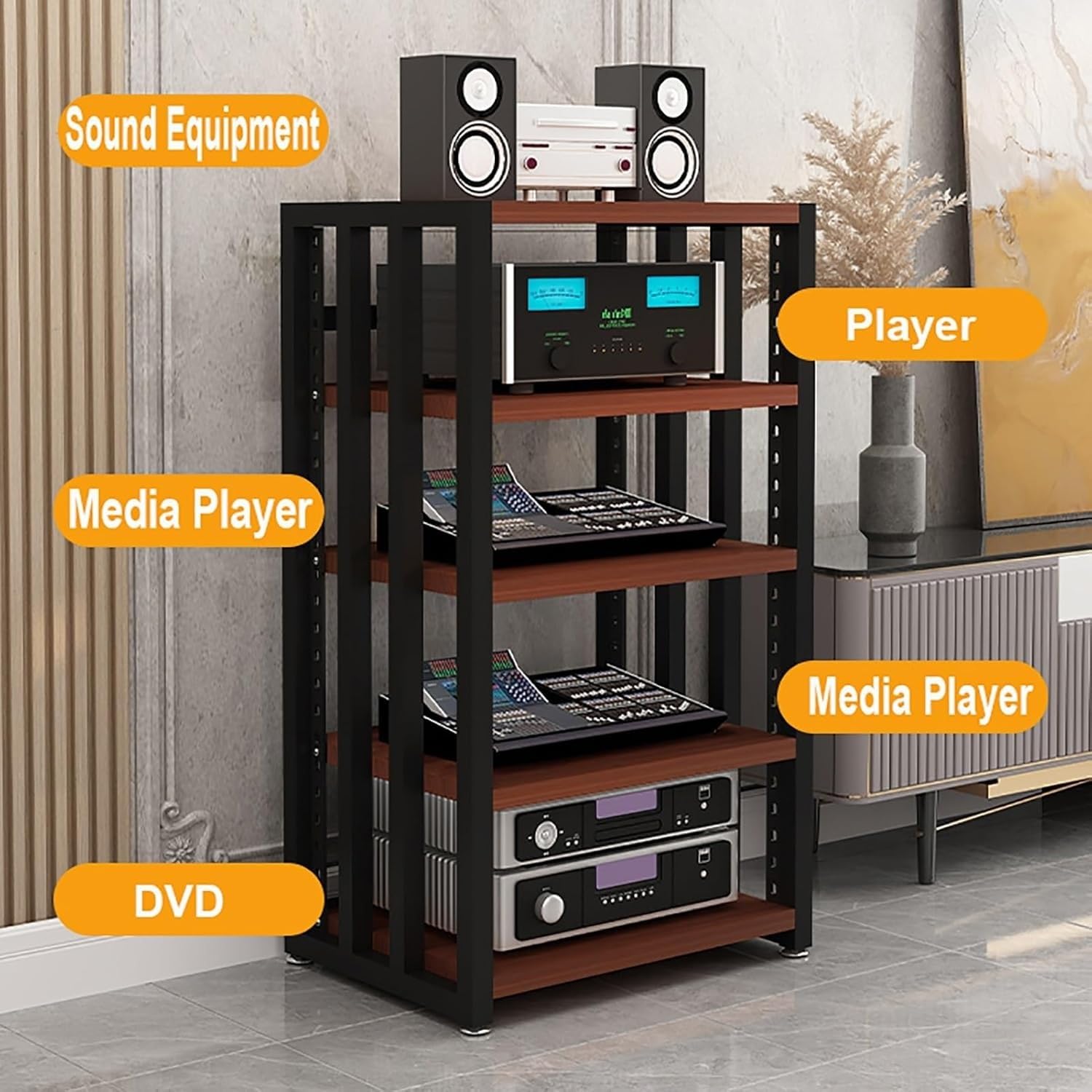 Estante HiFi para Equipos de música, Tocadiscos, Multimedia de 4 Niveles, Mueble HiFi con estantes Ajustables, para componentes HiFi en casa, Oficina, Audio, vídeo, DJ, Cine (Estilo 1)
