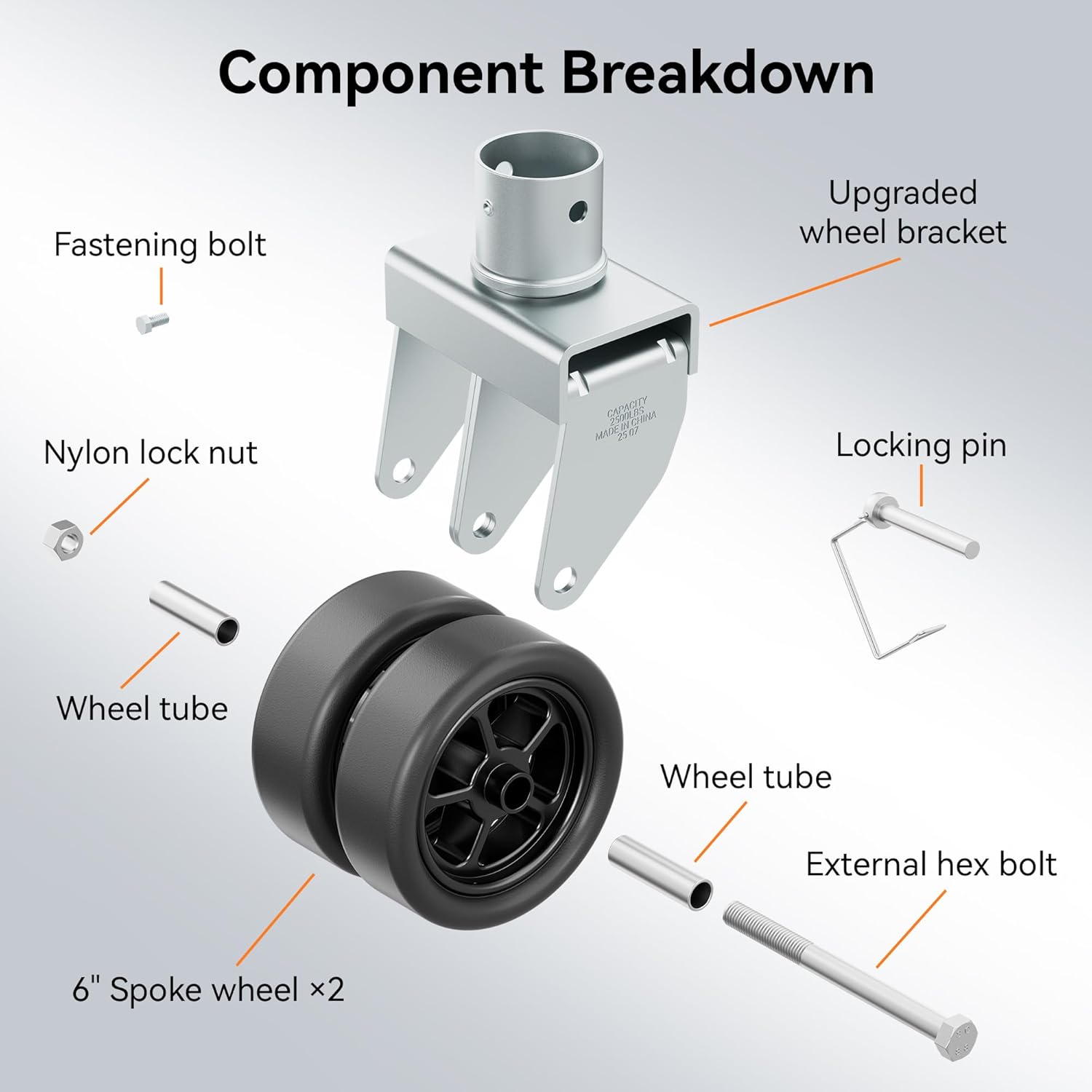 2,500lbs Dual 6" Trailer Jack Swivel Caster with Upgraded Spoked Wheels and Reinforced Bracket, Silver
