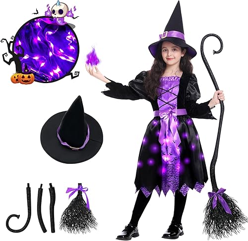 Poshetion Disfraz de bruja de Halloween iluminado para niñas, conjunto de vestido de bruja con sombrero y escoba, fiesta de juegos de rol de