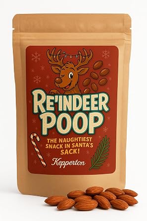 Kepperton Reindeer Poop Gourmet Roasted Almonds - Hilarious Gag Gift Snack for Holidays, Birthdays, Stockings, Parties & White Elephant Fun