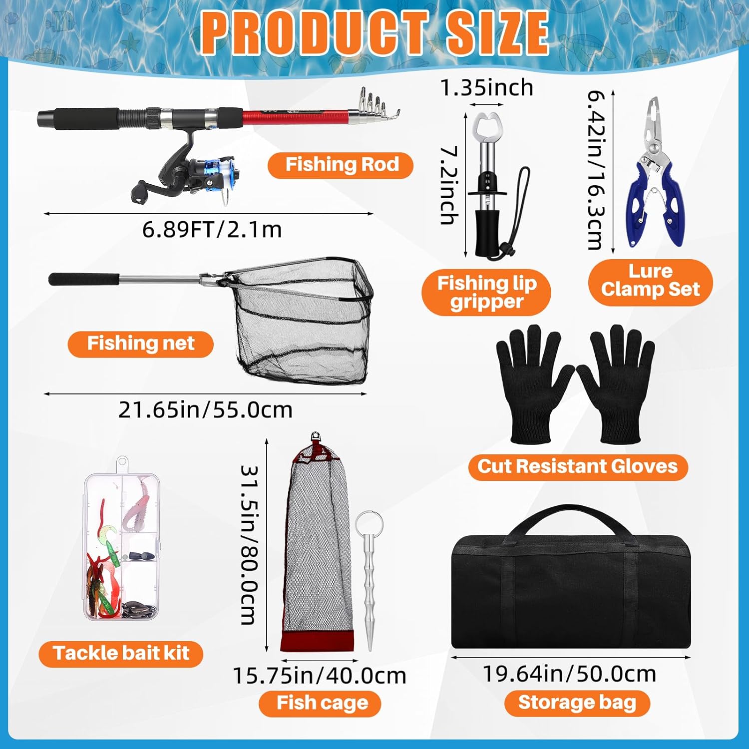 MiniInflat Telescopic Fishing Rod and Reel Combo, 6.89ft 2pcs Collapsible Rod with Plier Lip Gripper Lures Carrier Bag Pre-Loaded Spinning Reel Saltwater Freshwater Fishing Pole Kit