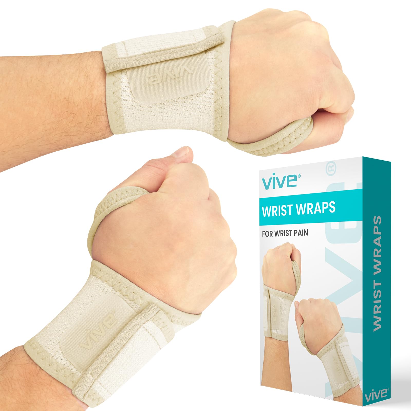Vive Wrist Wrap Braces (2 Pack) - Tendonitis Support for Carpal Tunnel Arthritis - Sprained Pain Protection Sleeve - Weightlifting & Calisthenics Compression Stabilizer for Women, Men - Adjustable