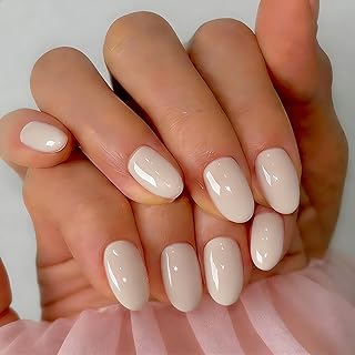 KQueenest Soft Gel Press On Nails Kurz, 32 Stück 16 Sizes Hell Beige Nude Nägel zum Aufkleben Kurz Rund, Natürlich Mandel Fake Nails Press ons, Einfach Full Cover Künstliche Nägel für Frauen Maniküre