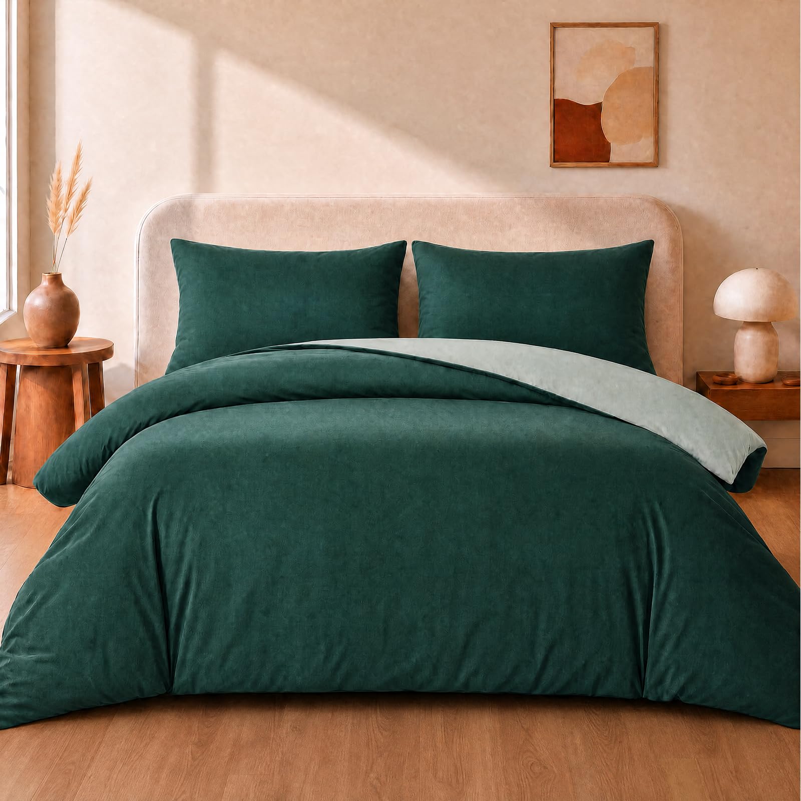 VelvetMis Super King Size Duvet Cover Set - 3Pcs Reversible Bedding Bed Set Dark Emerald And Sage Green Superking Microfiber Quilt Cover With 2 Pillowcases 50x75cm