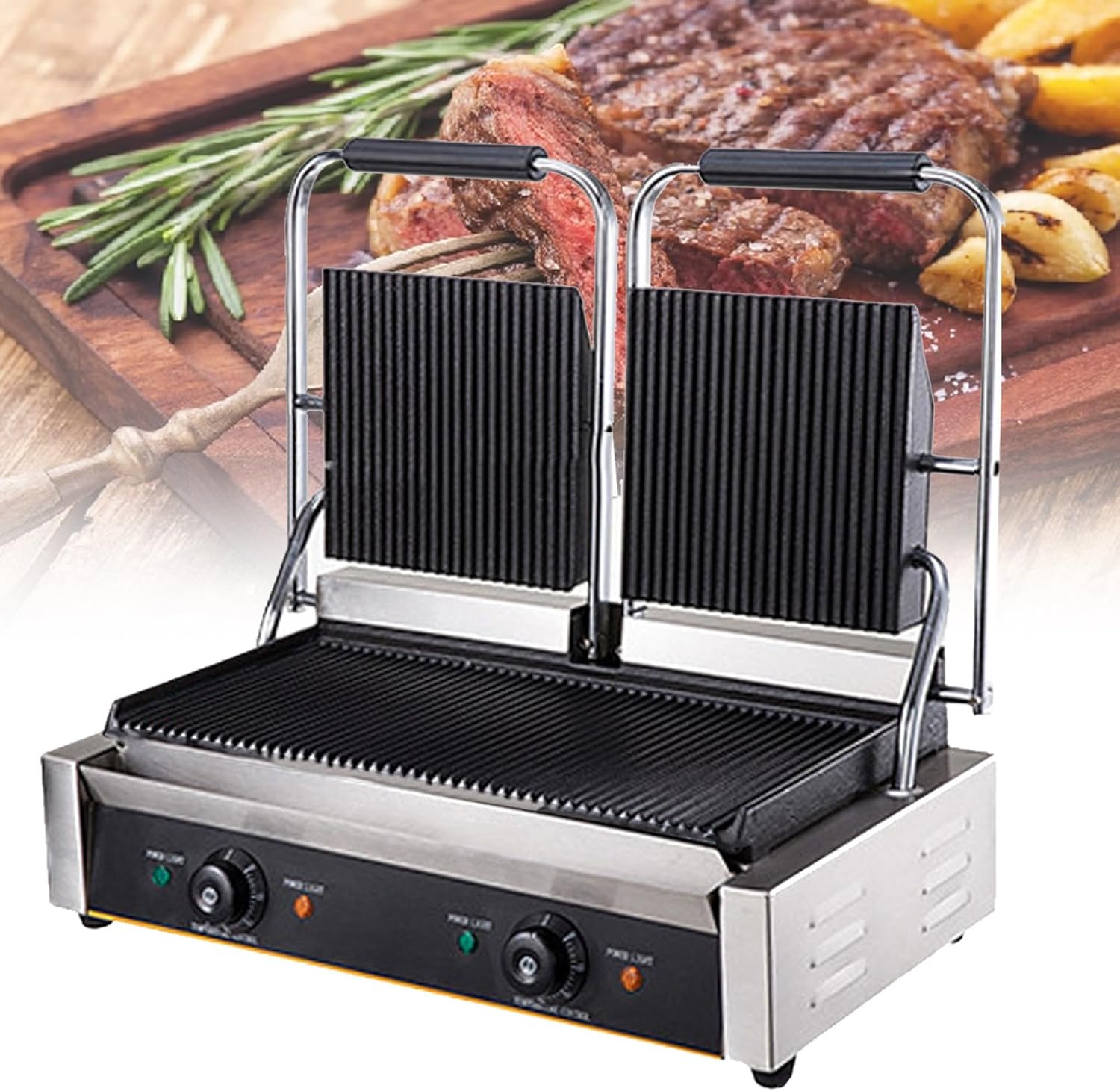Commercial Steaks Grill, 1800W/3600W Electric Sandwich Panini Maker, Stainless Steel Single/Double Press Grill, with Temp Control,813A-110V