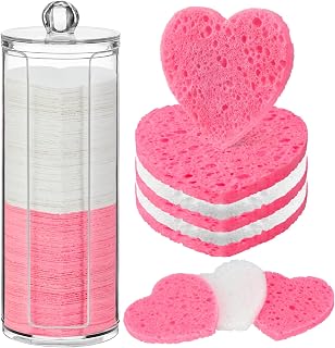 Sieral 120 Pcs Compressed Facial Sponges with Container Disposable Face Sponge Pads for Washing Face Cleansing Exfoliating Esthetician Makeup Removal(Heart,White, Pink)