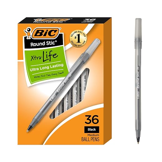 BIC GSM36WM-Blk Round Stic Xtra Life Ball Pen, Medium Point (1.0 mm), Black, 36-Count