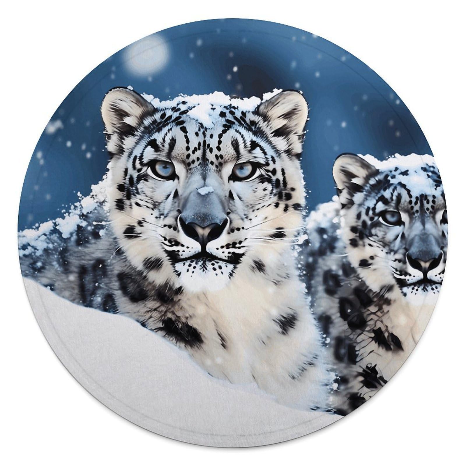 FekiLoot Blue Eyed Snow Leopard Round Flannel Throw Blanket, 59.1 Inch Diameter Single Sided Printed Fleece Blanket, Multipurpose Foldable Decor Cover for Couch Office Camping Home Furnishing