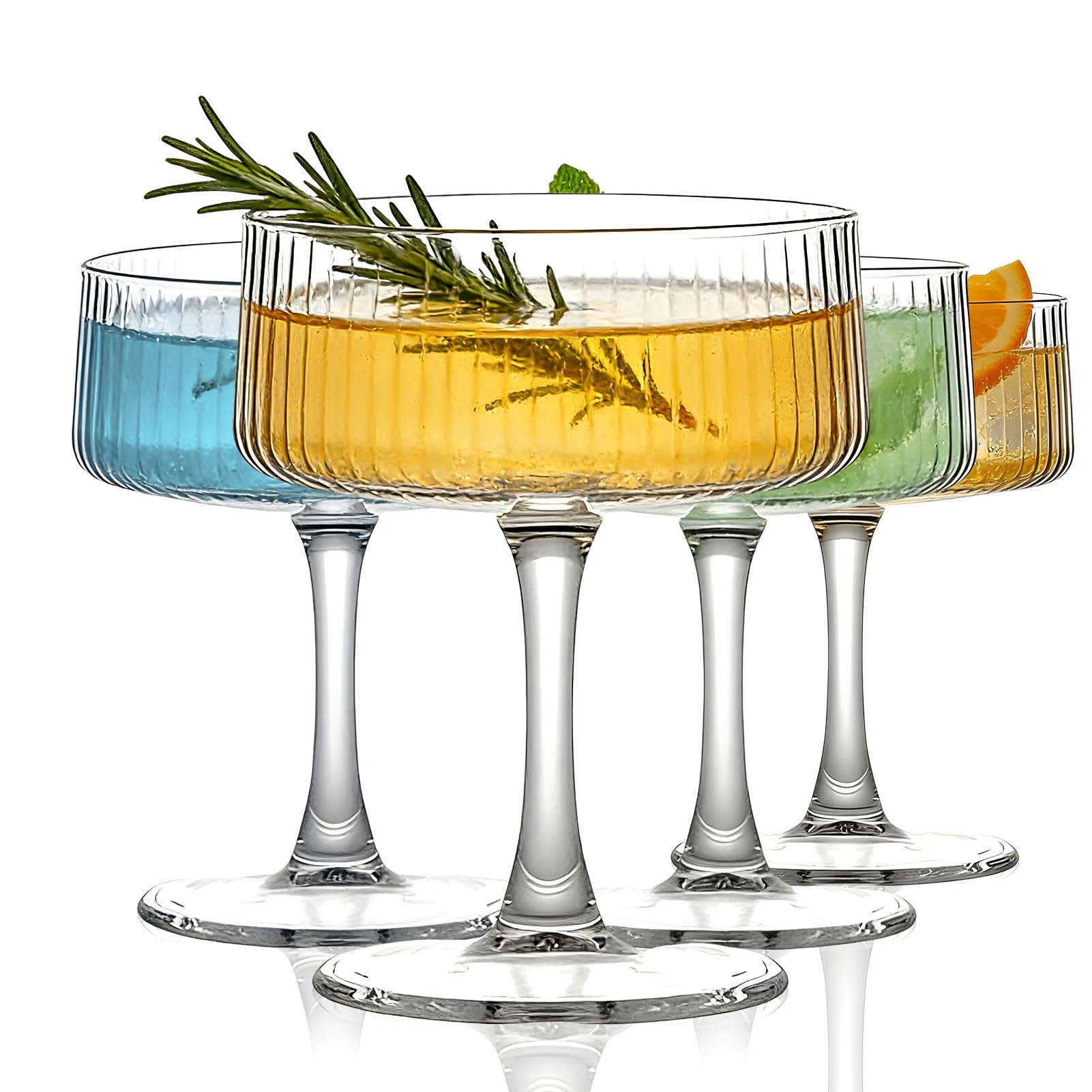 TOLASTO Coupe Cocktail Glasses Set of 4, 260ML Ribbed Martini Glasses Vintage Dessert & Champagne Coupe Glass Cups for Cocktails, Espresso Martini, Prosecco & Desserts
