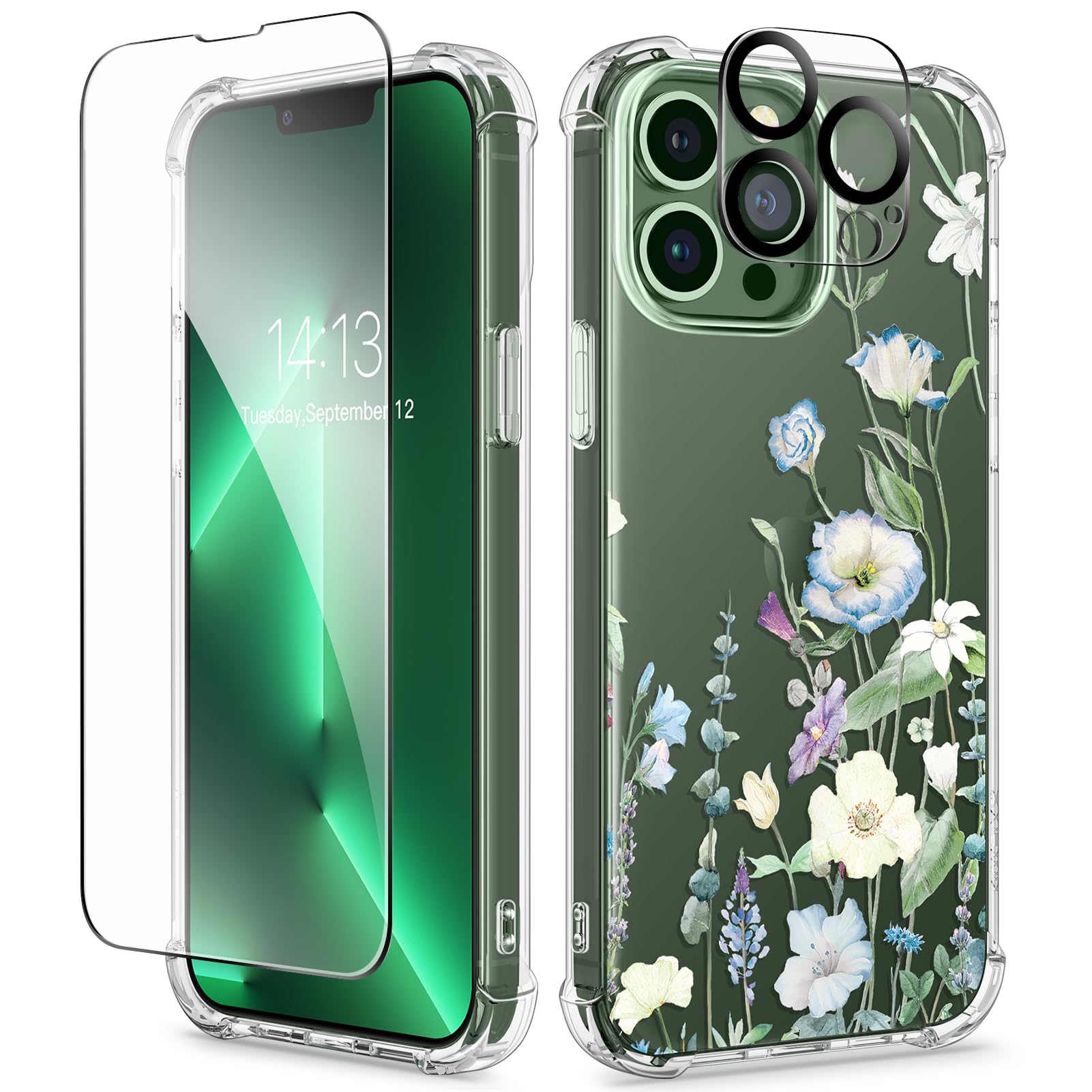 GVIEWIN for iPhone 13 Pro Case Floral, with Screen Protector&Camera Lens Protector,[Non Yellowing] Soft Shockproof Clear Phone Protective Cover for