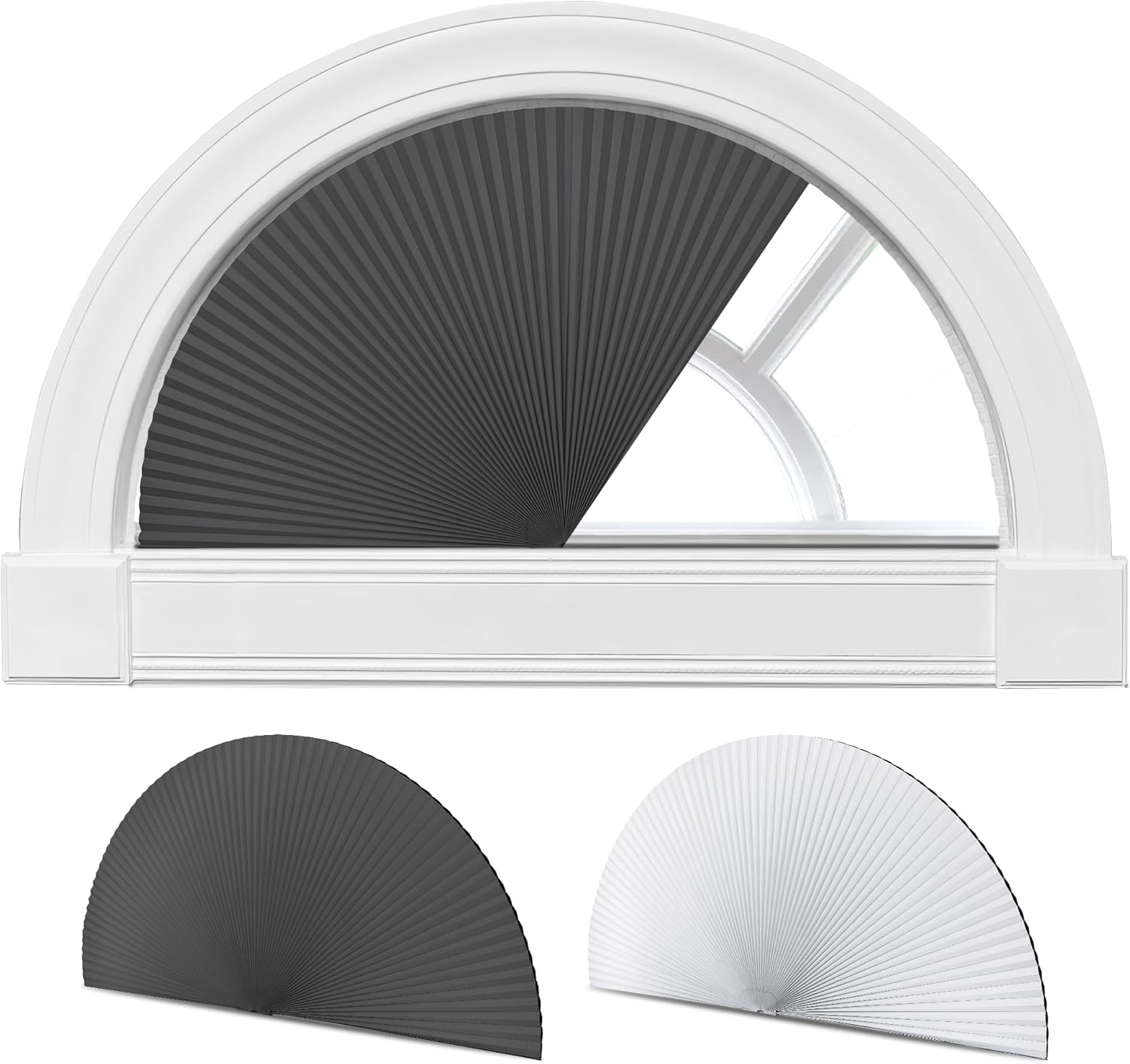 HOMEDEMO Arch Window Shade Blackout Black, 48" X 24", 2 Pack, No Drill, Half Moon Cellular Shades, Easy Installation Blinds, Half Circle Semicircular