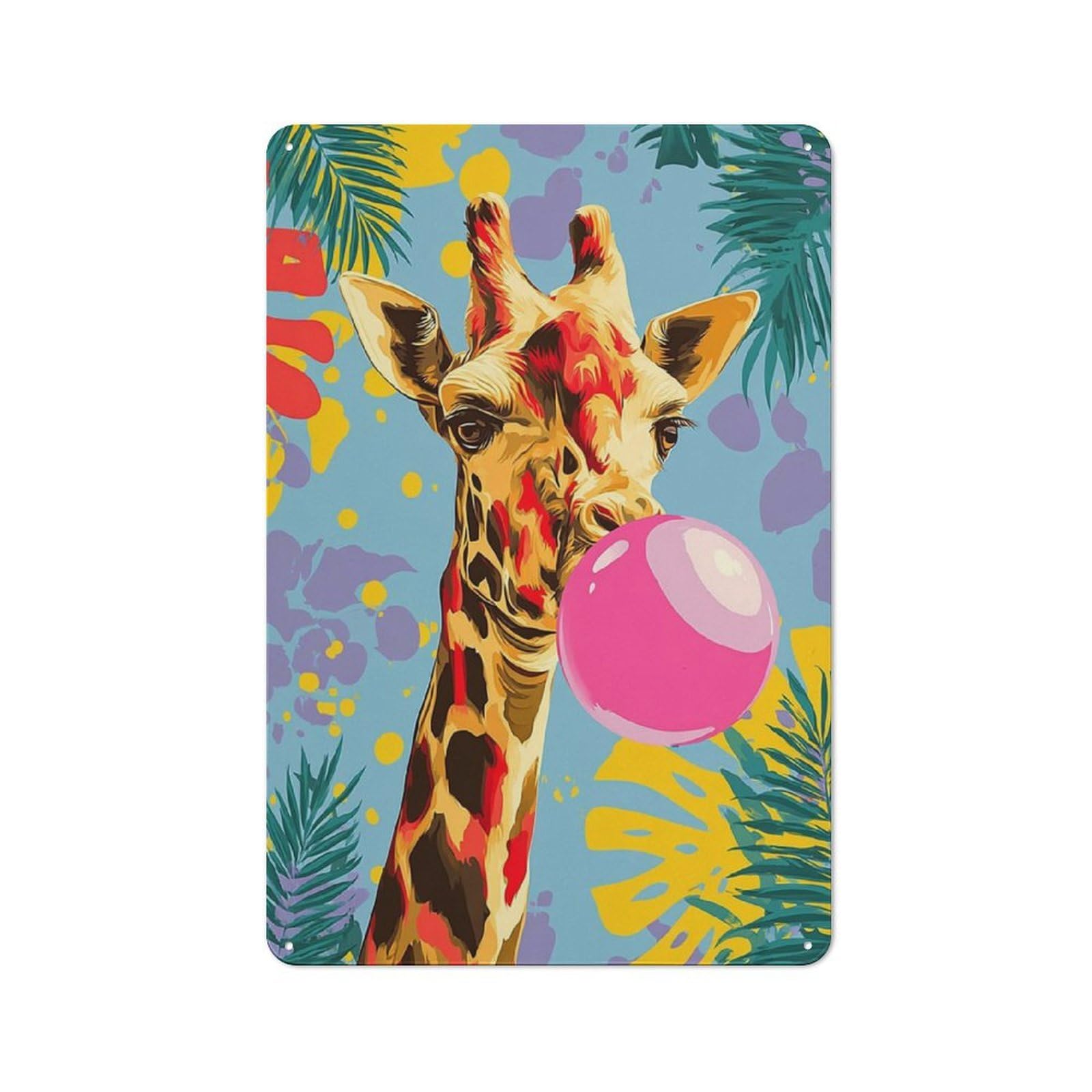 Junmoney Giraffe Blowing Bubble Gum Art Print Smart Metal Wall Decor 30X20cm, Office Metal Sign For Office, Study, Studio Or Hallway
