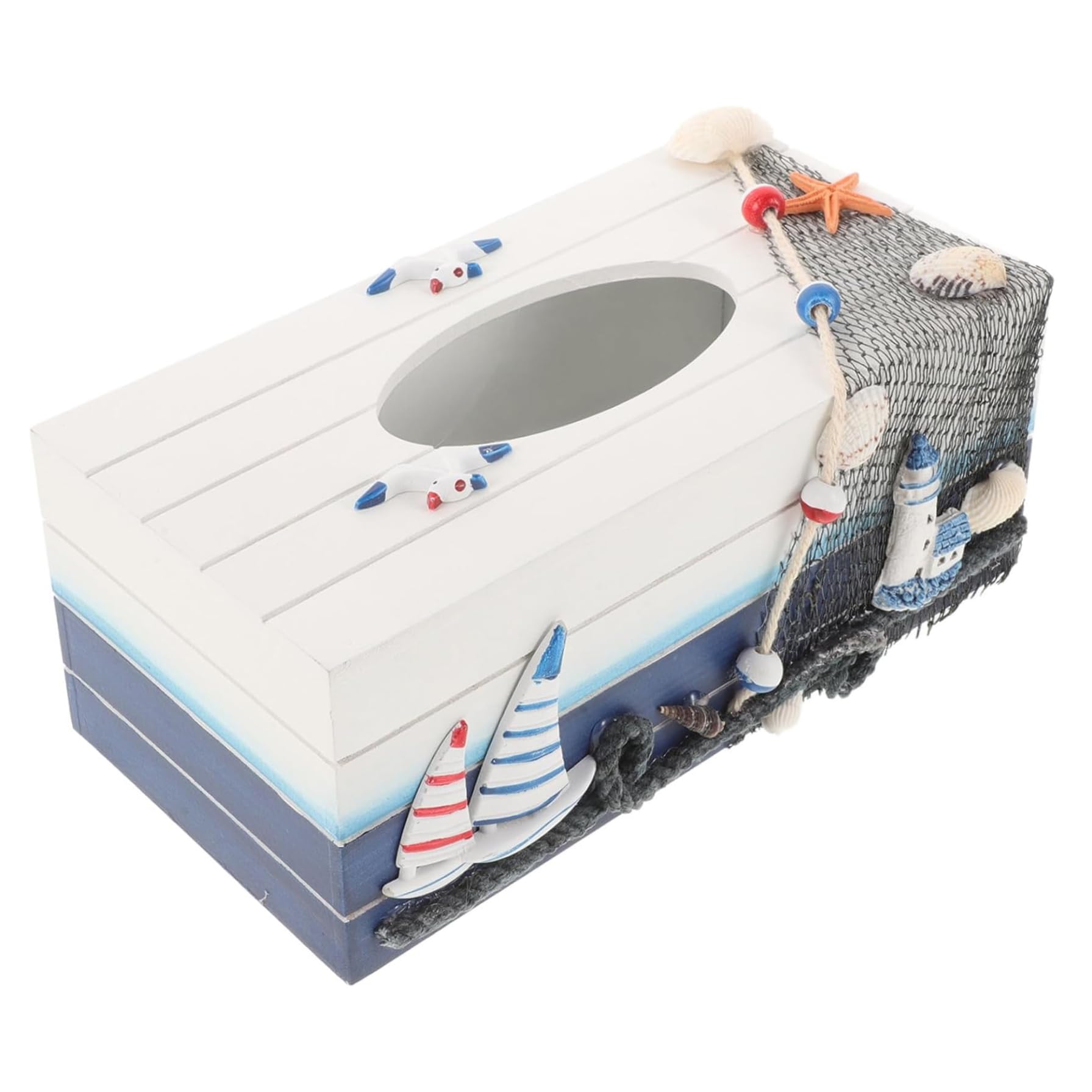 Wxyestna Coastal Tissue Box Cover, Wooden Tissue Box Holder with Nautical Design for Home Decor Livingroom Bathroom Office