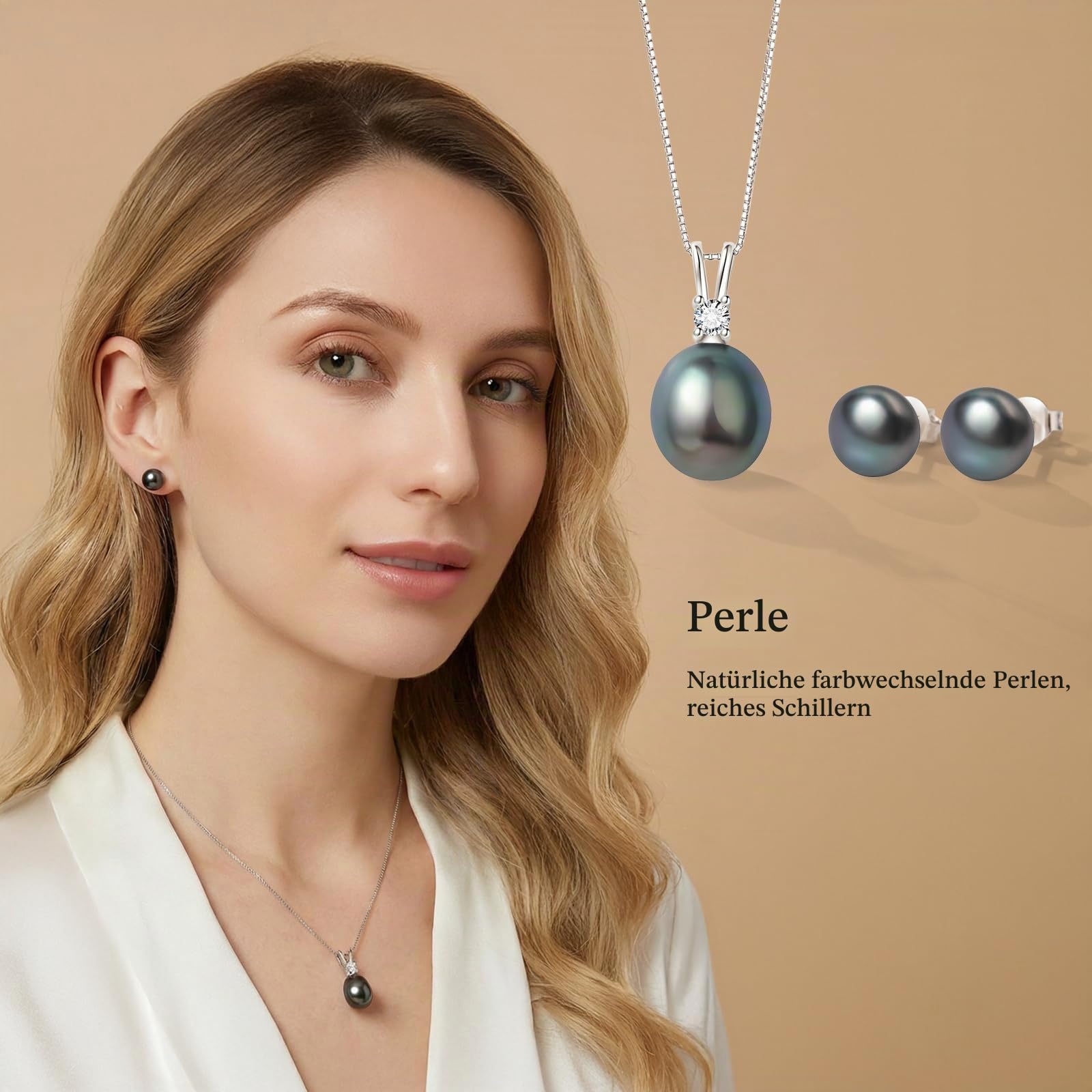 YAMI Perlenschmuckset für Damen, 9,5–11 mm AAAA Süßwasser-/Salzwasserperlenkette und 8–8,5 mm Perlenohrringe, Perlenohrringe Silber 925, Ideal für Geschenke