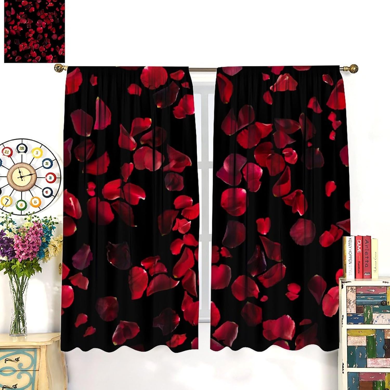 Red Rose Curtains, Romantic Vintage Wine Red Petals Home Decor Girls Bedroom Living Room Kitchen Rod Pocket Window Treatment 2 Panel Set Total Size 42" W X 45" L Inch