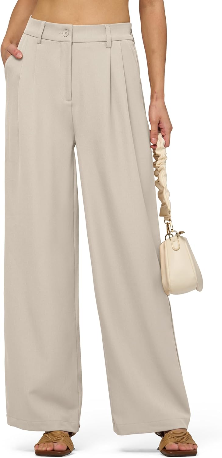 Women's Work Pants Wide Leg Dress Pants Casual Slacks Office Pants High Waisted with Pockets 28" Bone XL