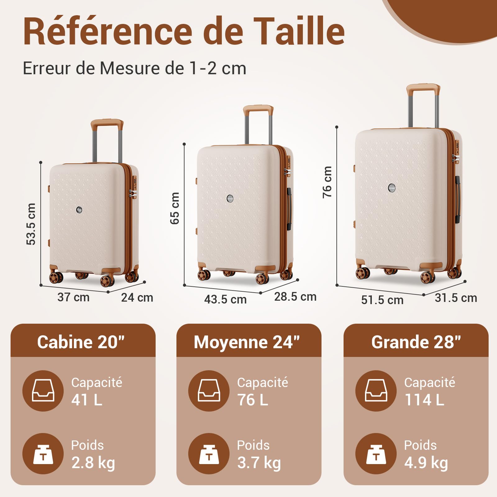 Kono Valise Cabine Extensible Bagages Cabine Valise de Voyage Bagage à Main Valise Rigide en Polypropylène avec 4 roulettes Pivotantes Serrure à Combinaison TSA (Crème/Marron)