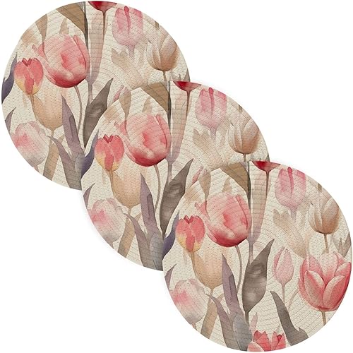 3 Pcs Round Trivet Pink Premium Gray Watercolor Tulip Floral for Hot Dishes 15in Cotton Thread Weave Heat Resistant Mat for Teapot Kitchen Aid