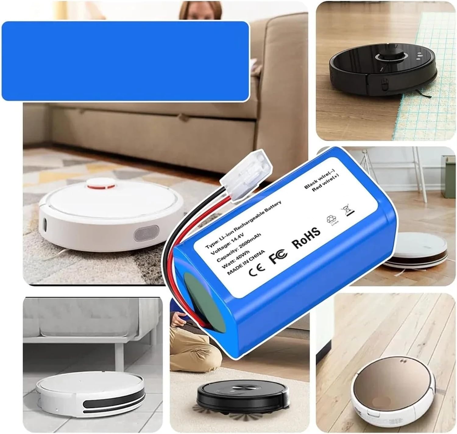 14.4V 2600mAh Li-ion Battery, Compatible For Xiaomi, Compatible For Mijia, Robot Vacuum-Mop Essential MJSTG1 Vacuum Cleaner(2800mAh)