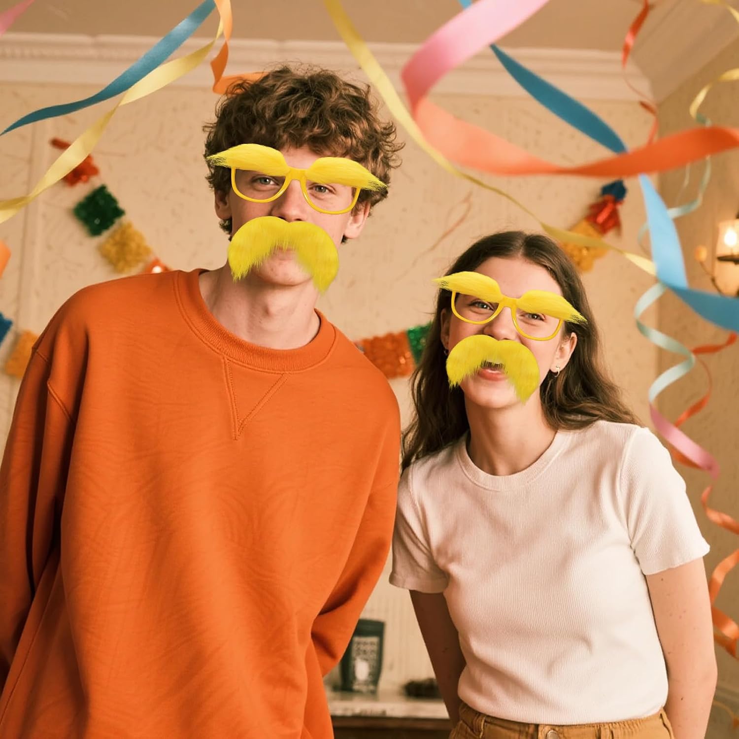 Yellow Mustache Eyebrows with Glasses Fake Beard Self-Adhesive Halloween Costume Accessories for Adult Party Costume