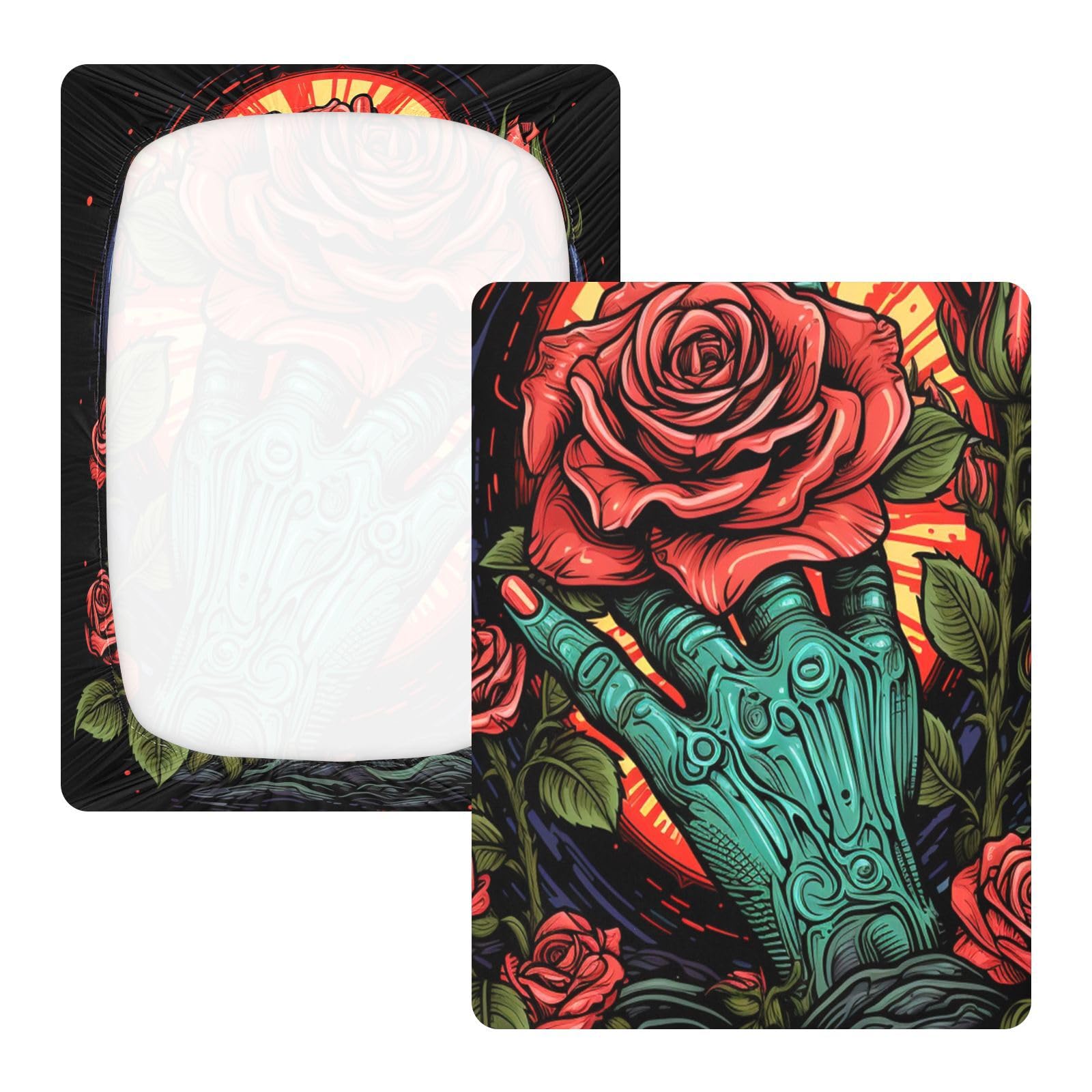 Art De La Main Rose Rouge Bleu Drap Housse pour Lit BéBé en Coton Doux,Adapté au Matelas Parc