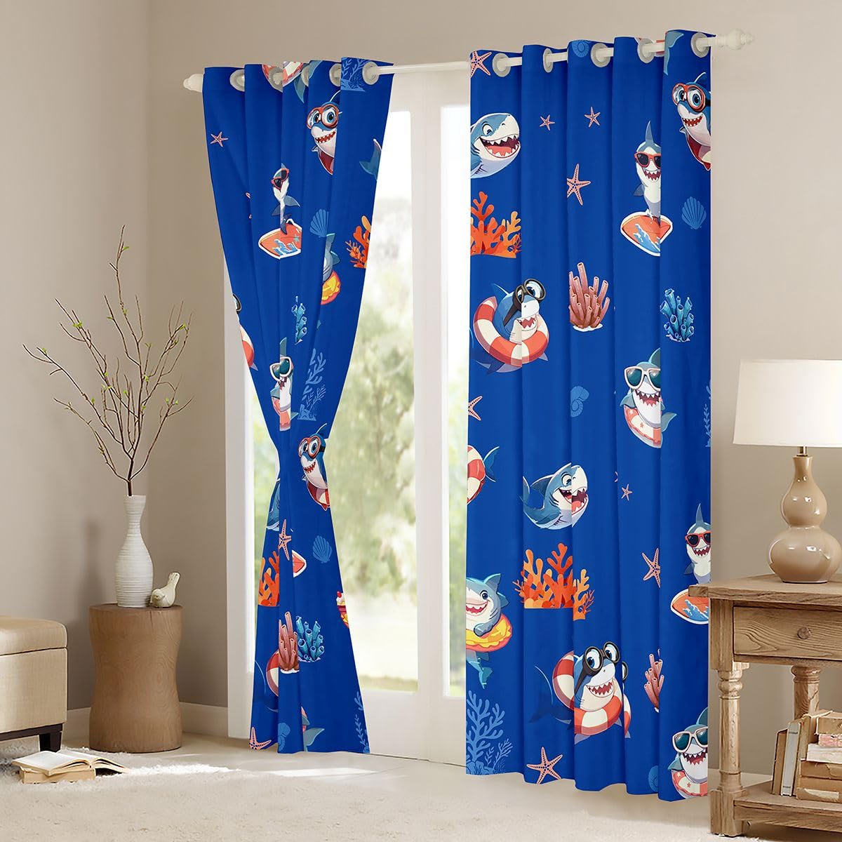 Homemissing Tende oscuranti per camera da letto e soggiorno, motivo squalo in stile cartone animato, tende oscuranti con animali marini, 2 pannelli, 167,6 x 228,6 cm, decorazione per la stanza
