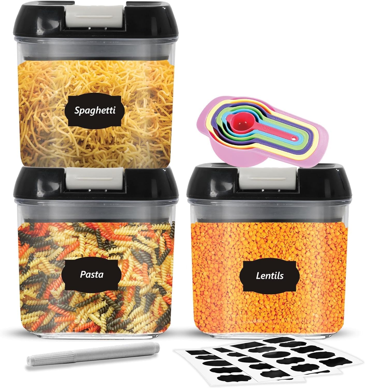 VIVAAS Airtight Food Storage Containers Set PK3 X 0.5L Plastic Storage Jars With 1 Marker, 10 Labels, 6 Measuring Spoons Kitchen Pantry Organization For Flour, Cereals, Grains, Sugar, Nuts, Pasta
