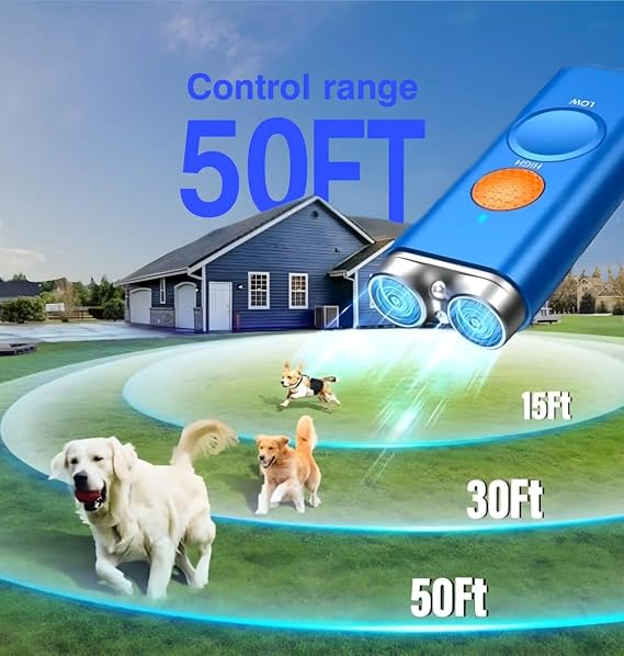 Dog Bark Deterrent Device 3 in 1 Ultrasonic Anti Barking Device with Dual Emitters 50ft Range Rechargeable Portable Training Tool with 2X Power Safe Bark Control for All Breeds Indoor outdoor (BLUE)