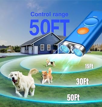 Dog Bark Deterrent Device 3 in 1 Ultrasonic Anti Barking Device with Dual Emitters 50ft Range Rechargeable Portable Training Tool with 2X Power Safe Bark Control for All Breeds Indoor outdoor (BLUE)