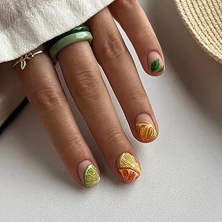 Vezocim Press on Nails Short Square-24Pcs Glossy Full Cover Acrylic Square Summer False Nails with Lemon Designs Artificial Extra Short Square Fake Nails with Glue Stick on Fingernails for Women