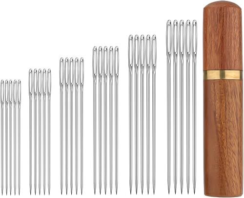 TOYMIS 30 agujas de coser de ojos grandes, 6 tamaños de agujas de tejer para bordar tapices con estuche de madera, acero inoxidable, marrón