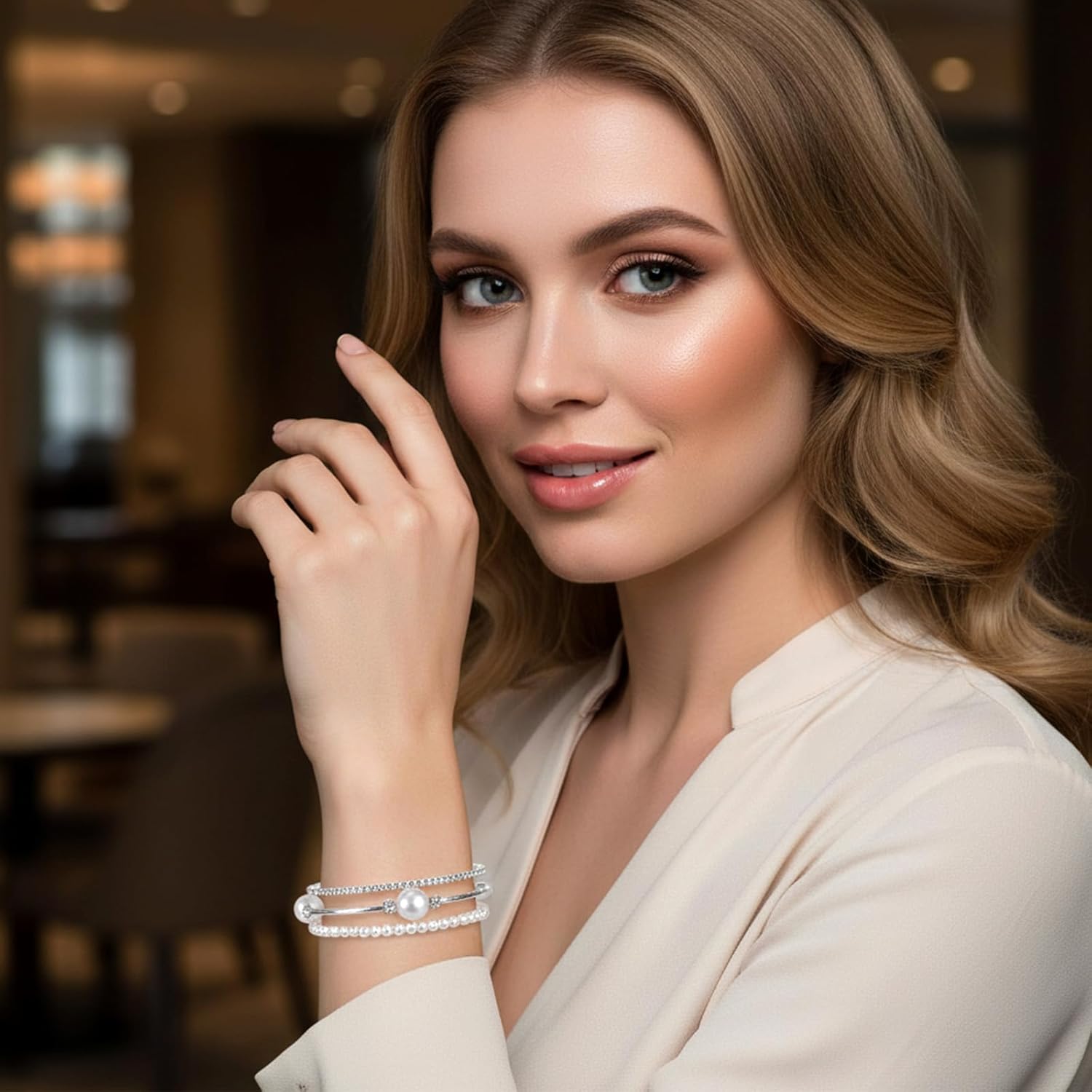 Silver Cuff Bracelets Pearl Rhinestone Bracelet for Women Stackable Bangle Bracelet Stretch Multilayer Bridal Wedding Layered Bracelets Jewelry Decoration - Image 6